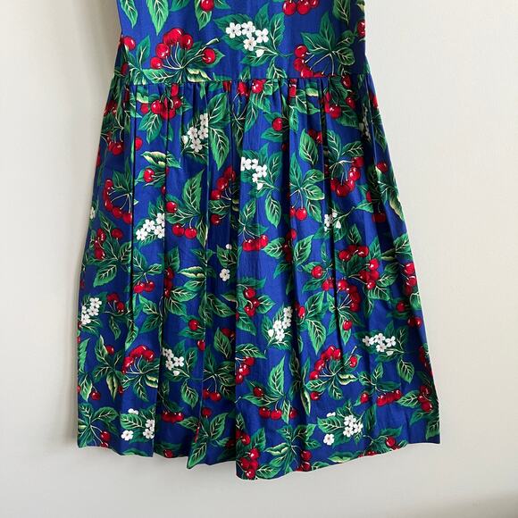 Vintage Just Ducky White Collar Fit Flare Dress Blue Cherry Print Sleeveless 14 - Picture 3 of 5